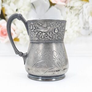 Antique Meriden Brittania Co. Cup Mini Pitcher Birds Etched Floral